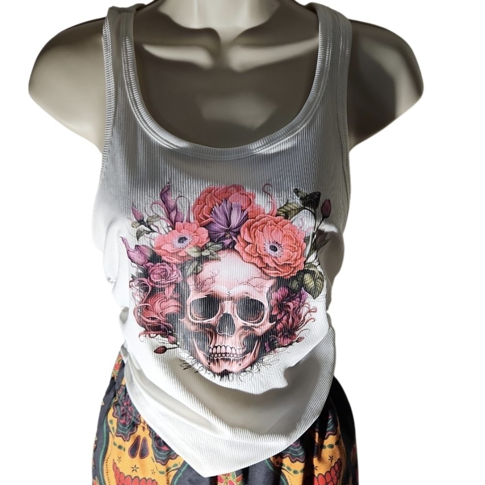 Skull Floral Racerback Tank Top Handmade Size Large